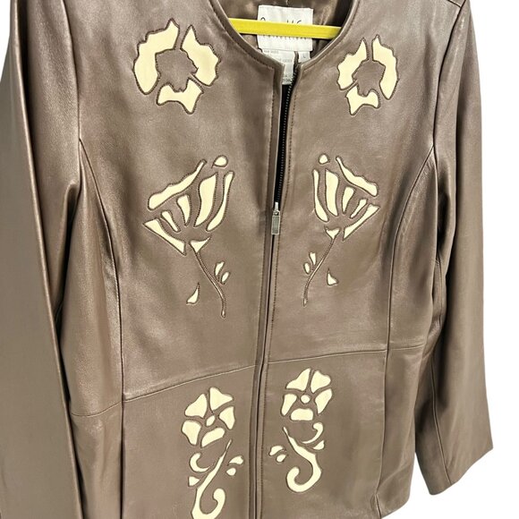 Pamela McCoy Womens Large Genuine Leather Jacket With Floral Cutout Design - Picture 2 of 8